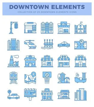 Downtown element icons in a simple blue line art style on a white background. Stock Illustration