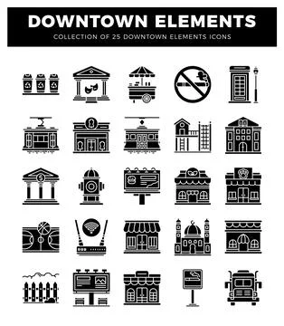 Downtown element icons. stylized black graphics on white. Stock Illustration