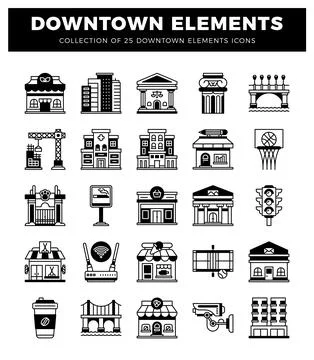 Downtown element icons for urban design and city planning. Ilustración de archivo