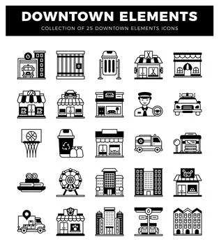 Downtown element icons with various buildings. vehicles. and amenities. pre.. Ilustración de archivo