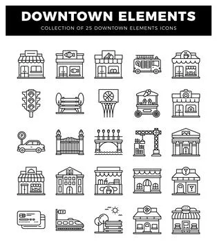 Downtown element icons. vector flat illustrations. urban landscape icons. c.. 스톡 일러스트