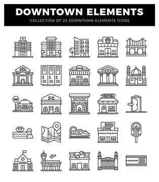 Downtown element icons. vector line art. cityscape illustration. Stock Illustration