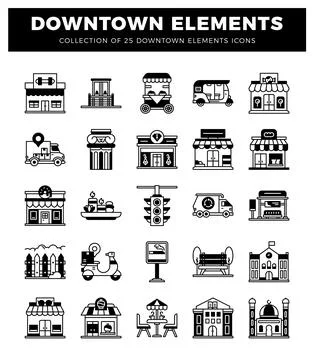 Downtown element icons on a white background. Ilustración de archivo