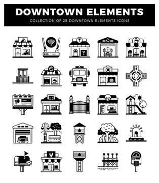 Downtown element icons on white background. showcasing urban infrastructure.. 스톡 일러스트