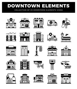 Downtown element icons on white background Ilustración de archivo