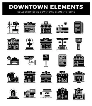 Downtown element icons on white background. Stock Illustration