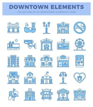 Downtown element icons on white background. Stock Illustration