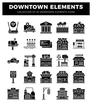 Downtown element icons on white background Stock Illustration