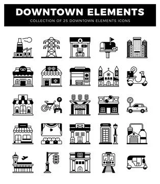 Downtown Elements City Building Icons 库存插图