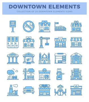 Downtown Elements collection 25 blue line icons of city buildings and service Stock Illustration