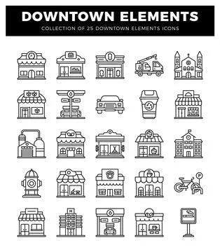 Downtown Elements Collection 25 Icon Set Illustrazione stock