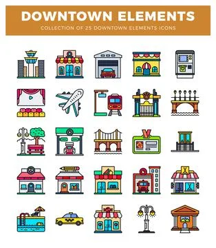 Downtown elements collection with 25 icons including buildings and transpor.. Illustrazione stock