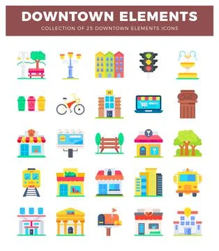 Downtown elements collection 25 icons for urban scene design. Stock Illustration