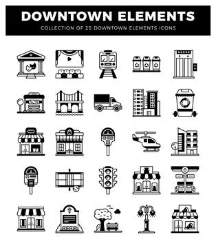 Downtown elements collection city icons. urban symbols. and cityscape illus.. Stock Illustration
