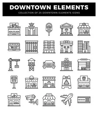 Downtown elements collection with diverse icons and buildings. Diverse urba.. イラスト素材