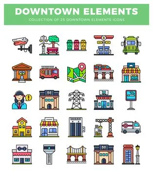 Downtown elements collection with diverse urban icons on white. Stockillustratie