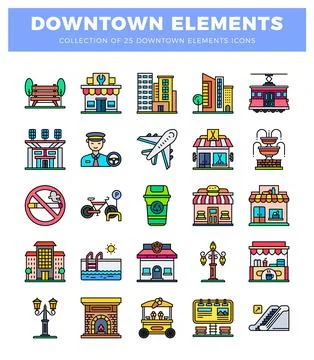 Downtown elements collection in flat icon style 스톡 일러스트
