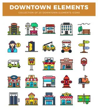 Downtown elements collection. flat icons with buildings. transport. and str.. Illustrazione stock