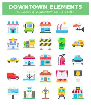 Downtown Elements Collection Flat Icons of City Life Illustrazione stock