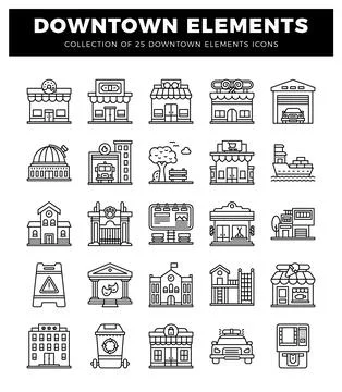 Downtown elements collection icons in black and white Illustrazione stock