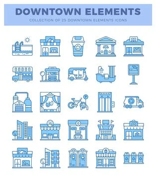 Downtown elements collection icons with blue line art on white background Stock Illustration