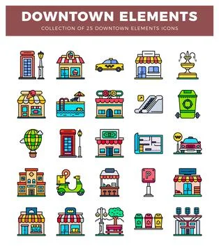 Downtown elements collection with icons of buildings. transport. and amenit.. Ilustración de archivo