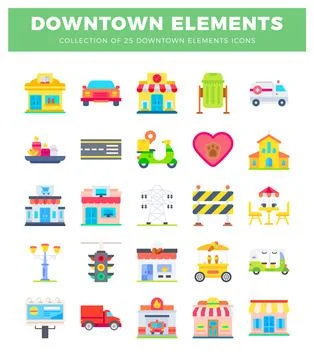 Downtown elements collection of icons in flat design 스톡 일러스트