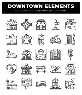 Downtown elements collection icons isolated on white. Illustrazione stock