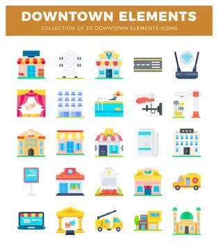 Downtown elements collection icons set vector Stock Illustration