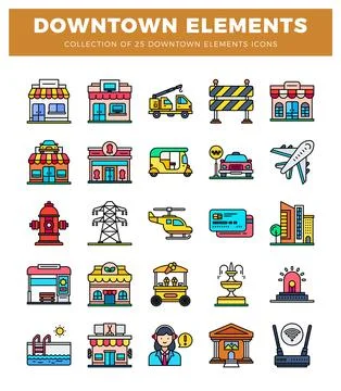 Downtown elements collection of icons on white background Stock Illustration