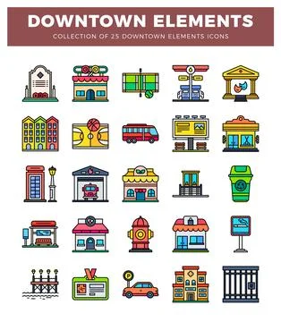 Downtown elements collection with various urban icons. Stockillustratie