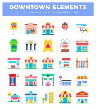 Downtown elements flat icons pack 스톡 일러스트
