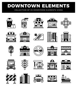 Downtown elements icon collection in black and white 스톡 일러스트