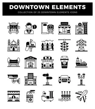 Downtown elements icon collection on white background. Stylized icons show .. Stock Illustration