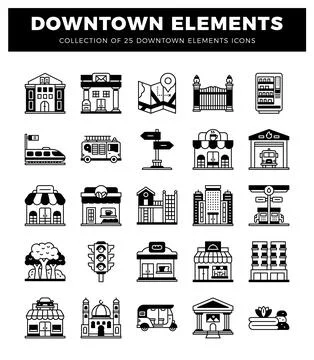 Downtown Elements Icon Set Collection Illustrazione stock