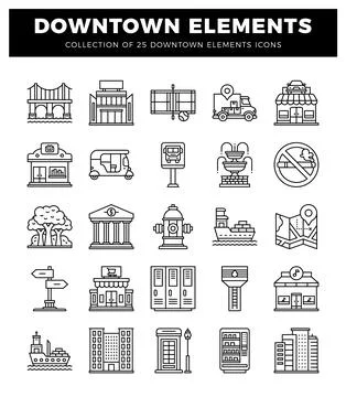 Downtown Elements Icons with 5 rows and 5 columns. including cityscape. tra.. Stock Illustration