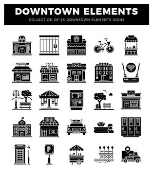 Downtown elements icons. black and white graphic design イラスト素材