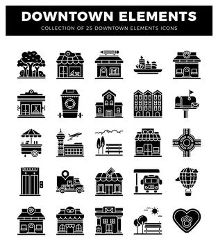 Downtown Elements Icons in Black and White Stock Illustration