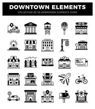 Downtown elements icons in black and white collection. showing various urba.. イラスト素材