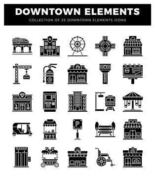 Downtown elements icons. black and white flat design. 스톡 일러스트