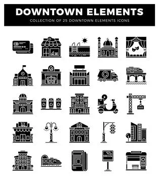 Downtown elements icons in black and white Stock Illustration