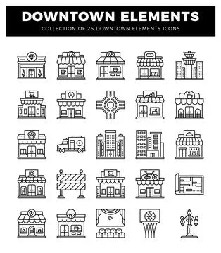 Downtown elements icons in black and white Stock Illustration