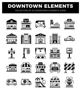 Downtown elements icons in black and white Stockillustratie