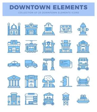 Downtown elements icons in blue and white on a white background. 스톡 일러스트