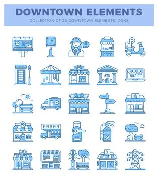 Downtown elements icons in blue line art. featuring urban scenes and services イラスト素材