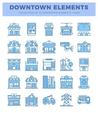 Downtown elements icons in blue outline style Stockillustratie