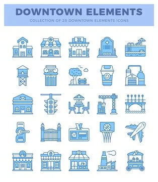Downtown elements icons in blue outline style. 스톡 일러스트