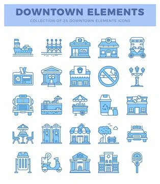 Downtown elements icons in blue outline style on white background イラスト素材