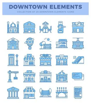 Downtown elements icons in blue outline style. 스톡 일러스트