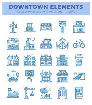 Downtown elements icons in blue outline style on white background. Stock Illustration